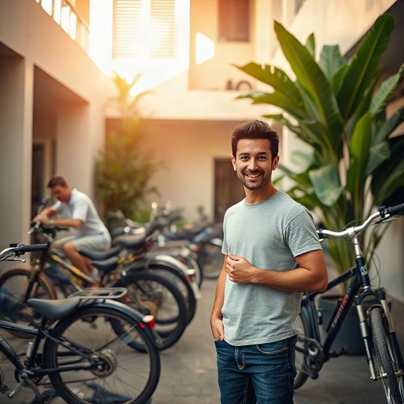 Equipe diante das bancadas com bicicletas em manutenção na oficina