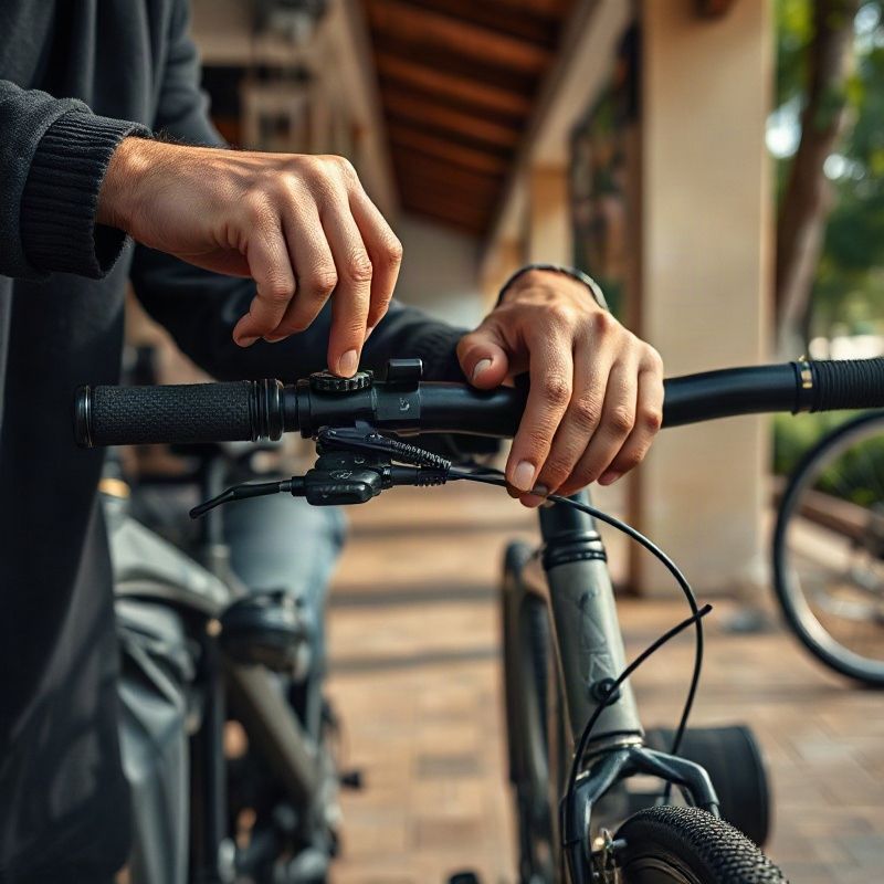 Mãos de mecânico ajustando freio de bicicleta na bancada